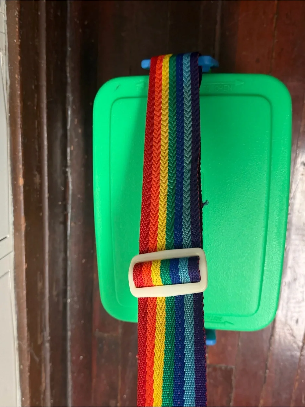 Vintage Igloo tag along 10 Blue Cooler with Green Lid and Rainbow Strap